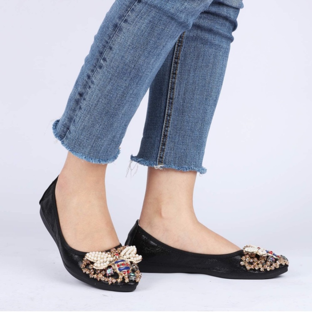 Bee Pearl Rhinestone Flats Ballet Slip-On Shoes - Picture 5 of 7